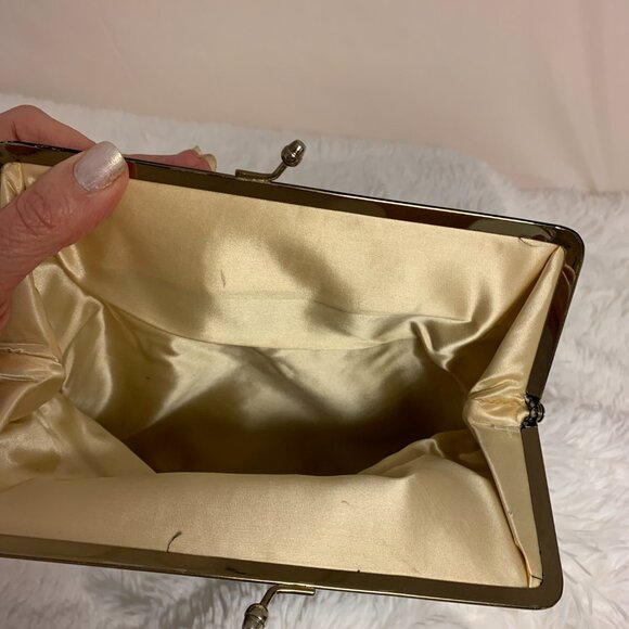 Evening Bag Black Fabric Vintage Floral Painted Trim Formal Party - Picture 4 of 9